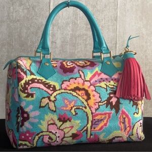 Meredith Collection Finished Teal Floral MultiColor Needlepoint Canvas SatchelBg